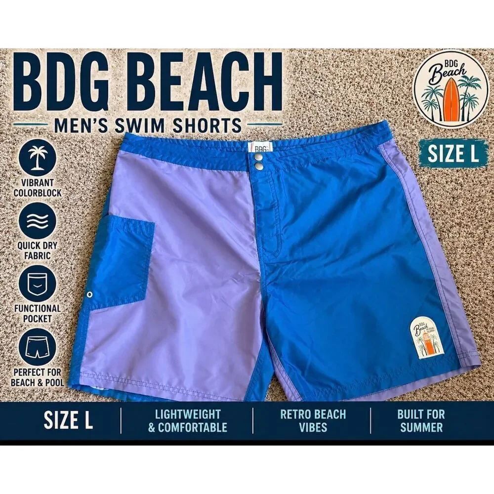 BDG Beach Men’s Swim Shorts Size L Colorblock Retro Surf Pool
